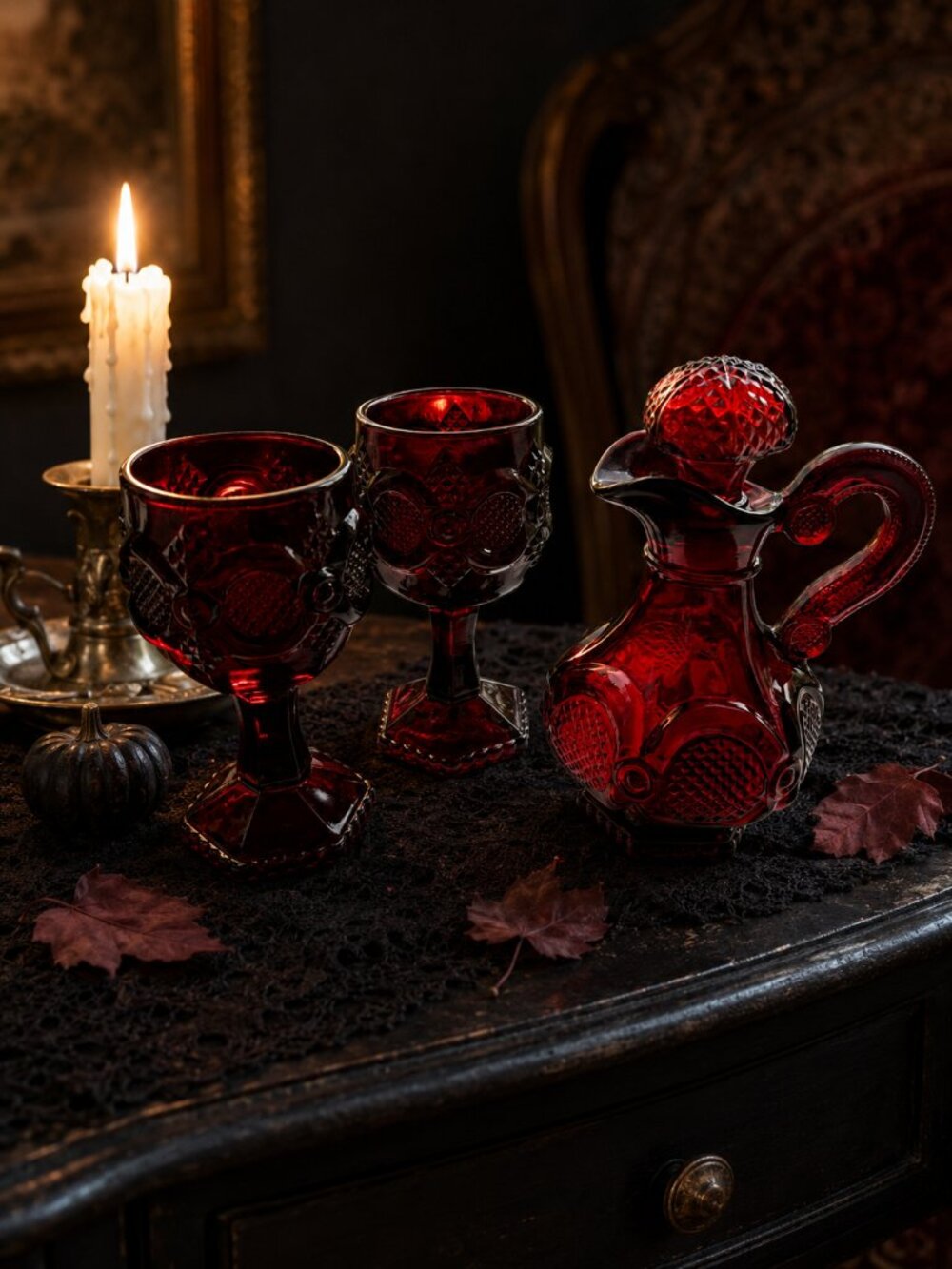 Vintage Avon 1876 Cape Cod Ruby Red Cruet & Goblets Set